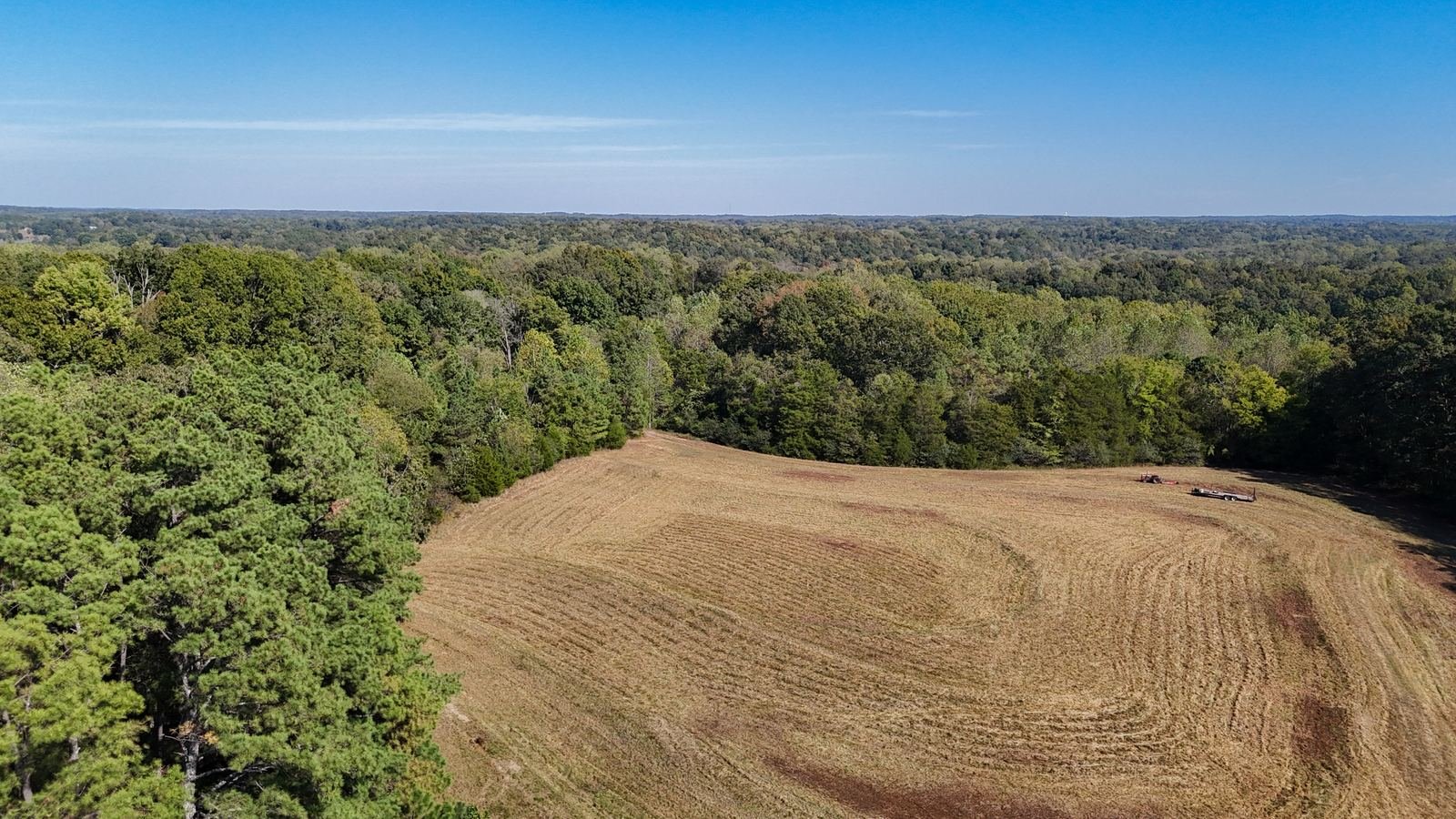 Drone photo of a hay field opening in the woods